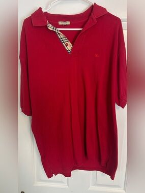 Vintage Burberry Red Polo Shirt with Check Trim